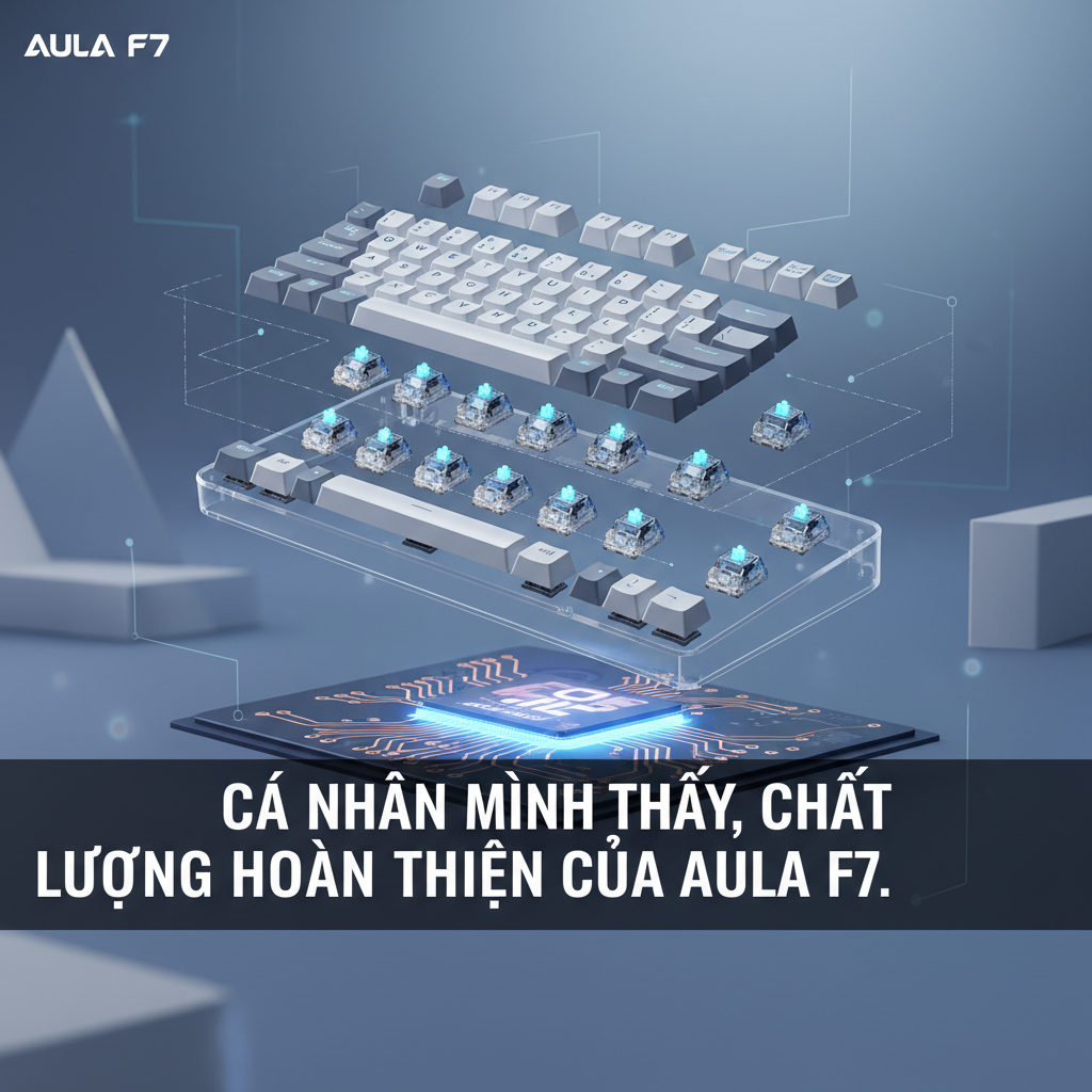 Cá nhân mình thấy, chất lượng hoàn thiện của AULA F75 Ice Green vượt xa kỳ vọng trong tầm giá. * **Vỏ ngoài và cảm giác cầm nắm:** Vỏ phím được làm từ nhựa ABS chất lượng cao, sờ vào rất mịn và chắc chắn. Mình thử lắc mạnh một chút cũng không thấy có hiện tượng ọp ẹp hay flex quá nhiều. Trọng lượng của phím khá đầm tay, cho cảm giác cao cấp hơn hẳn so với nhiều chiếc phím nhựa khác mà mình từng dùng. * **Màu Ice Green:** Đây chính là điểm nhấn đặc biệt nhất của phiên bản này. Màu xanh ngọc bích này không chỉ đẹp mà còn rất dễ phối với nhiều loại keycap khác nhau. Mình đã thử thay vài bộ keycap PBT trắng và xám, kết quả là cực kỳ ăn nhập, tạo nên một setup bàn làm việc rất chill và cá tính. Nói thật là mình rất thích điểm này vì nó giúp chiếc bàn phím của mình nổi bật giữa đám đông. * **Keycaps:** Đi kèm với phím là bộ keycap PBT Doubleshot, profile MDA. Theo mình thì đây là một điểm cộng lớn. Keycap PBT có độ bền cao, không bị bóng sau thời gian dài sử dụng và cảm giác gõ rất đầm tay. Profile MDA mang lại cảm giác gõ thoải mái, các ngón tay dễ dàng đặt vào vị trí mà không bị mỏi. * **Layout 75%:** Với mình thì layout 75% là một sự cân bằng hoàn hảo. Nó giữ lại đầy đủ hàng F-row và các phím chức năng quan trọng như Delete, Home, End, Page Up/Down mà vẫn tiết kiệm không gian bàn làm việc. Mình dùng để làm việc văn phòng, lập trình và chơi game nhẹ nhàng đều thấy rất tiện lợi, không hề cảm thấy thiếu phím nào cả. Đây có lẽ là phần mà nhiều bạn quan tâm nhất, và mình cũng vậy. AULA F75 Ice Green đã không làm mình thất vọng. * **Switch:** Bản mình dùng đi kèm là AULA Custom Switch (Linear). Cảm giác của mình khi sử dụng là cực kỳ mượt mà, không có hiện tượng sạn hay rít. Lực nhấn vừa phải, không quá nhẹ cũng không quá nặng, rất phù hợp cho việc gõ văn bản liên tục trong thời gian dài. Mình cũng rất thích việc nó là hot-swappable, nên mình đã thử thay vài loại switch khác như Akko Cream Yellow hay Gateron Pro Yellow, và quá trình thay thế diễn ra cực kỳ dễ dàng, không cần hàn. * **Plate và Foam:** Điều làm mình ấn tượng nhất chính là âm thanh gõ. AULA F75 sử dụng cấu trúc gasket mount cùng với nhiều lớp foam tiêu âm (Poron foam, IXPE switch pad, PET pad). Nhờ vậy, âm thanh khi gõ phát ra rất "thocky" và "creamy", cực kỳ êm tai và không hề có tiếng vọng rỗng. Cảm giác gõ cũng rất mềm mại, đàn hồi tốt, chứ không bị cứng nhắc như nhiều chiếc phím tray mount khác. Với mình thì đây là một điểm cộng lớn, nâng tầm trải nghiệm gõ lên rất nhiều. * **Stabilizer:** Các stabilizer (stab) của AULA F75 được lube sẵn từ nhà máy. Mình thấy chúng hoạt động khá tốt, các phím dài như spacebar, shift, enter đều rất ổn định, không bị lạch cạch hay rung lắc quá nhiều. Mặc dù không hoàn hảo 100% như stab tùy chỉnh cao cấp, nhưng ở tầm giá này thì mình thực sự hài lòng. Tính năng không dây là một yếu tố quan trọng mà mình tìm kiếm ở một chiếc bàn phím hiện đại, và AULA F75 Ice Green đã đáp ứng rất tốt. * **Các chế độ kết nối:** Phím hỗ trợ 3 chế độ kết nối: Bluetooth 5.0, wireless 2.4GHz và có dây Type-C. Mình thường xuyên chuyển đổi giữa 2.4GHz (khi chơi game hoặc cần độ trễ thấp) và Bluetooth (khi làm việc trên laptop hoặc iPad). Độ trễ khi dùng 2.4GHz gần như không thể cảm nhận được, rất ổn định. Kết nối Bluetooth cũng nhanh chóng và mượt mà, mình chưa gặp phải tình trạng mất kết nối đột ngột nào. * **Pin:** Dung lượng pin của AULA F75 là 4000mAh. Theo trải nghiệm thực tế của mình, khi bật LED ở độ sáng vừa phải, mình có thể dùng liên tục khoảng 3-4 ngày làm việc (khoảng 8 tiếng/ngày). Nếu tắt LED hoàn toàn, thời lượng pin có thể kéo dài lên đến hơn 1 tuần. Hơi tiếc một chút là thời gian sạc đầy cũng mất vài tiếng, nhưng nhìn chung thì mình thấy thời lượng pin này là đủ dùng cho nhu cầu hàng ngày. * **Phần mềm điều khiển:** AULA có cung cấp phần mềm riêng để tùy chỉnh macro, gán lại phím và điều khiển hiệu ứng LED. Cá nhân mình thấy phần mềm này khá trực quan và dễ sử dụng, mặc dù giao diện không phải là quá "fancy" nhưng nó làm tốt nhiệm vụ của mình. Mình đã tùy chỉnh vài macro cho công việc và rất tiện lợi.