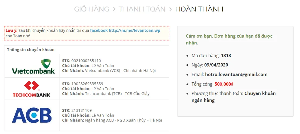 Kết quả hiển thị trên trang cảm ơn