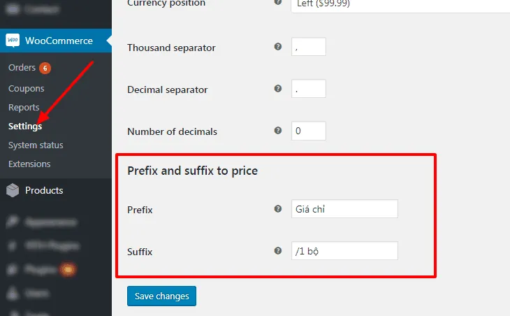 Thêm cài đặt Prefix và Suffix vào Woocommerce