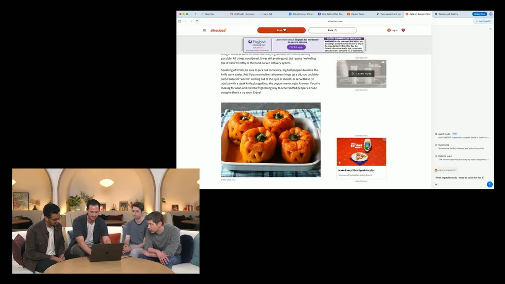 ChatGPT Atlas building a grocery list based on an article in the browser