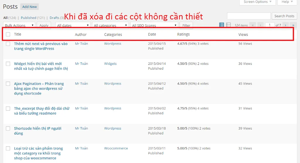 Giao diện admin WordPress sau khi loại bỏ cột Yoast SEO