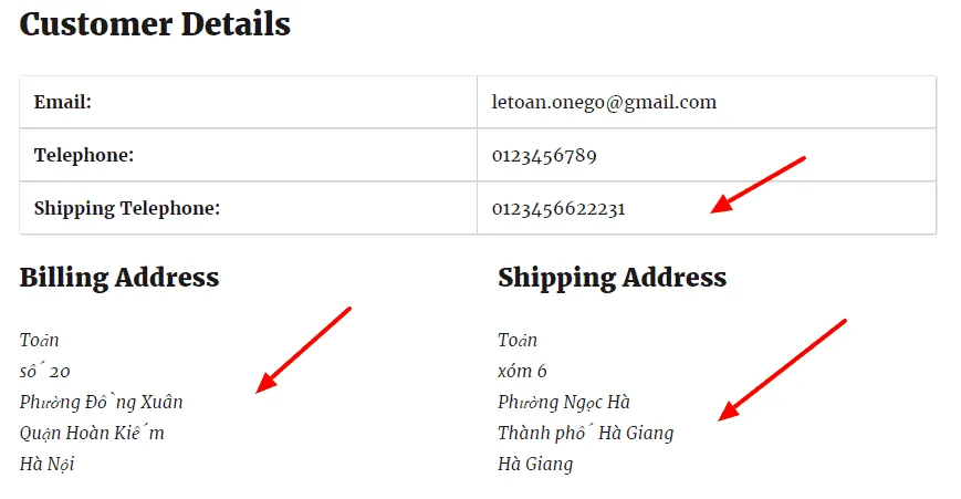 Chi tiết đơn hàng hiển thị cho khách hàng