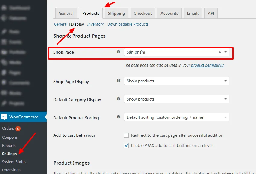 Thiết lập trang "Sản phẩm" làm trang Shop