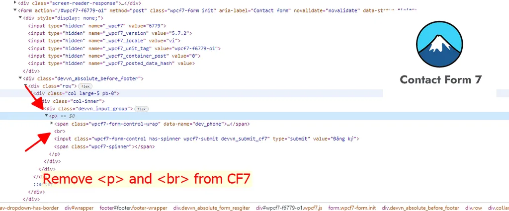 Minh họa vấn đề thẻ P và BR tự động trong Contact Form 7