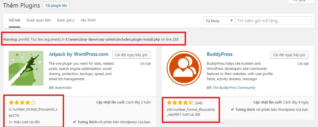 Lỗi hiển thị khi thêm gói mở rộng