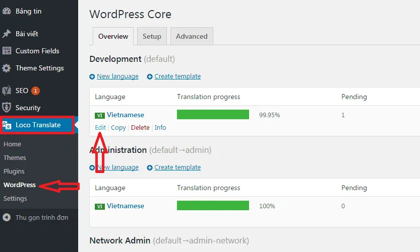 Chọn Edit bản dịch Development