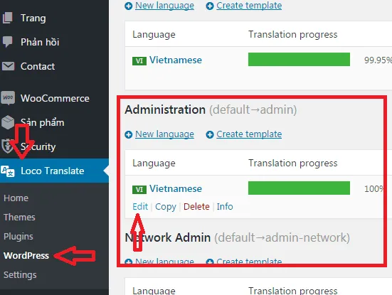 Chọn Edit bản dịch Administration