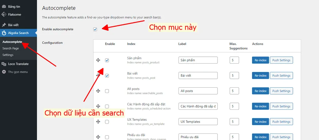 Cấu hình chỉ mục dữ liệu Algolia