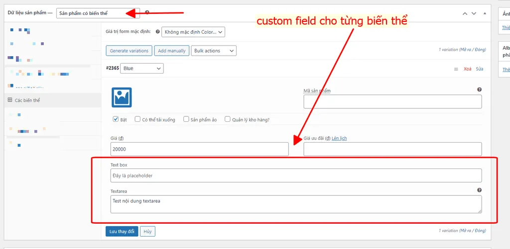 Giao diện thêm custom field cho từng biến thể sản phẩm