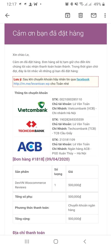 Kết quả hiển thị tại email thông báo đơn hàng cho khách hàng