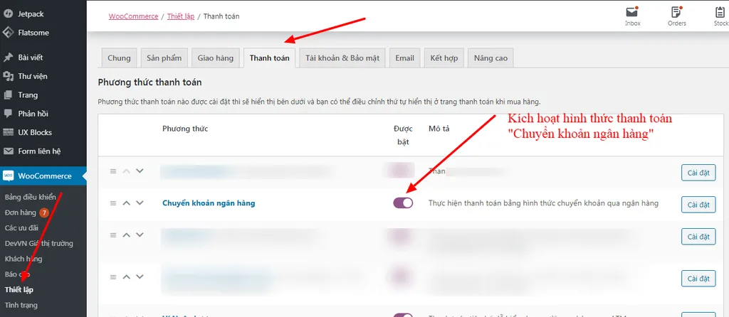 Kích hoạt hình thức thanh toán chuyển khoản ngân hàng