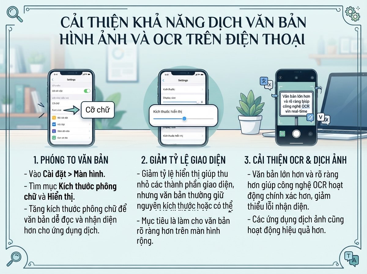 Thay đổi kích thước phông chữ và tỷ lệ hiển thị